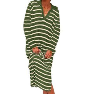 Saodimallsu Striped Summer Loose Maxi Green White Sweater Dress Army Green M/L